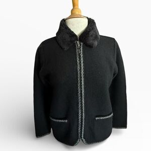 Casual Corner Annex Wool Cardigan Sweater Faux Fur Removable Collar Small Petit